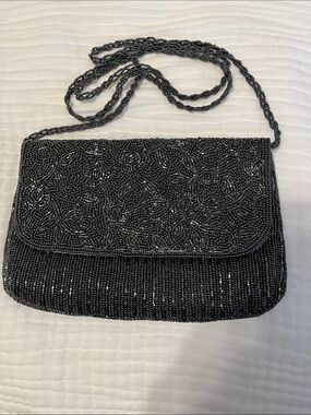 La Regale Black Beaded Floral Crossbody Bag